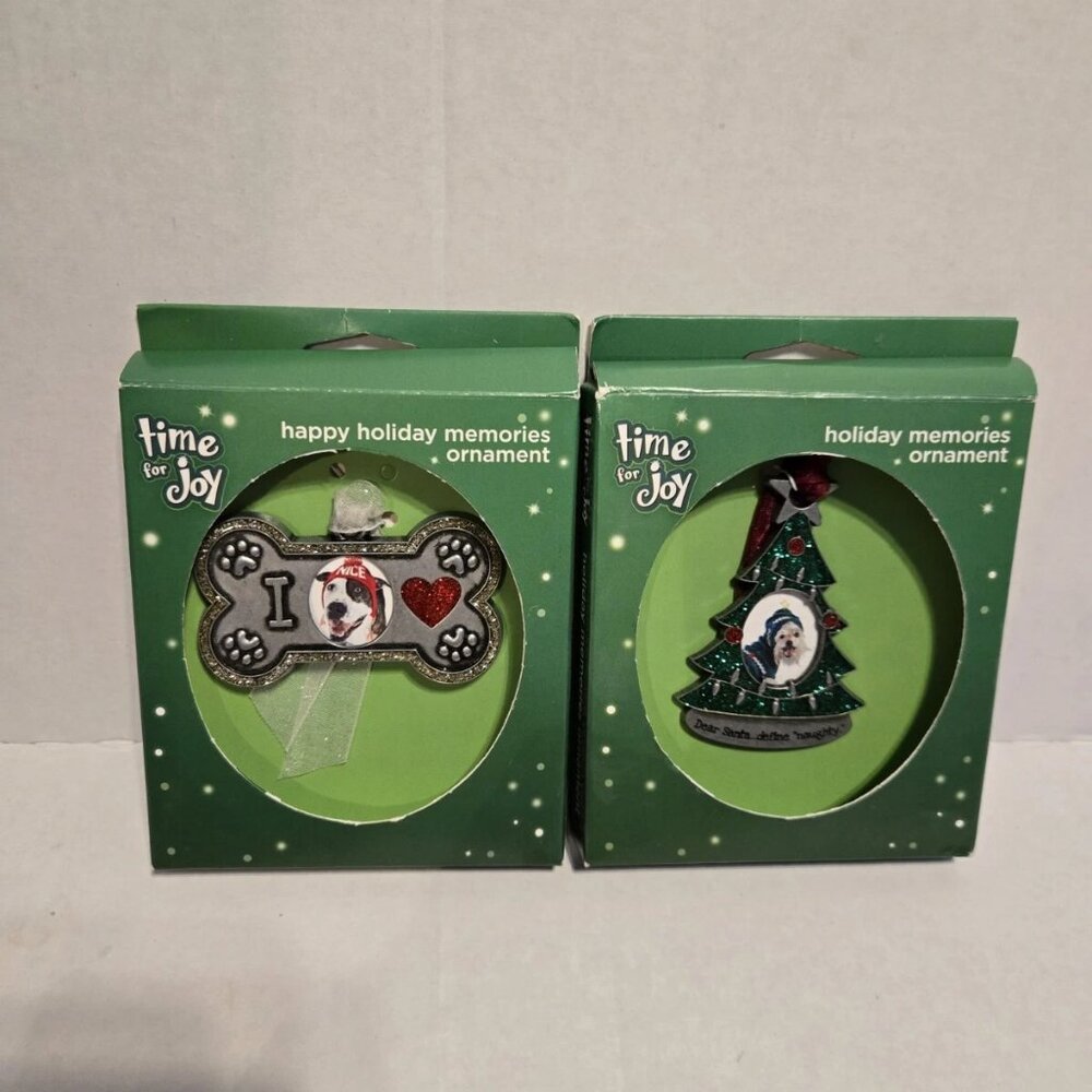 Petco Set of Two Pet Holiday Photo Ornaments Time For Joy NEW